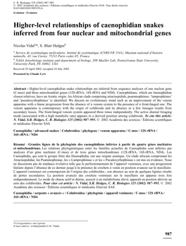 Higher-Level Relationships of Caenophidian Snakes Inferred from Four Nuclear and Mitochondrial Genes