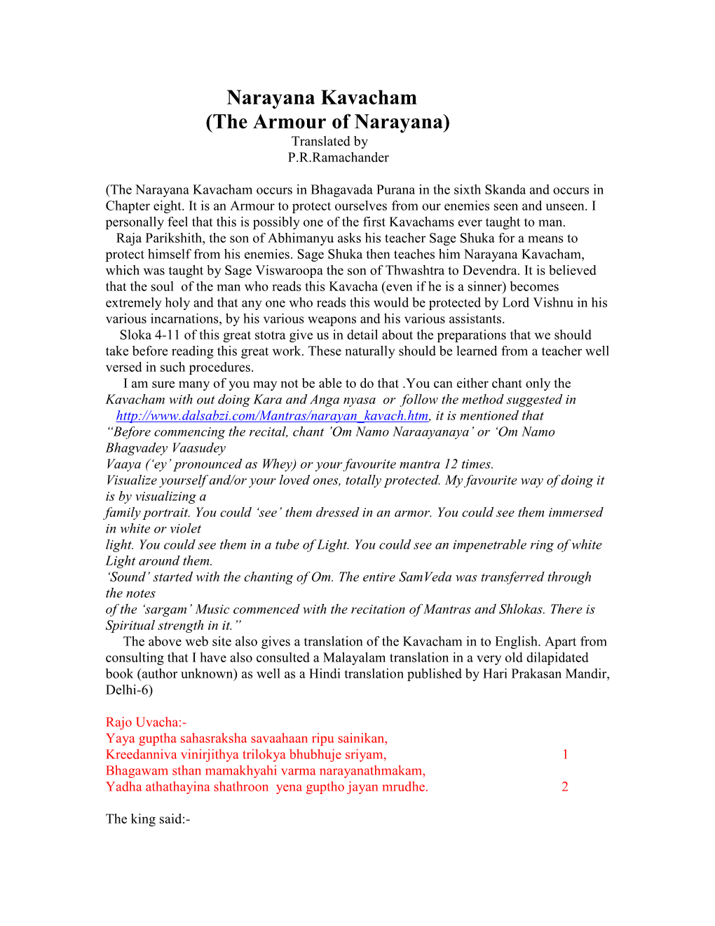 Narayana Kavacham (The Armour of Narayana) Translated by P.R.Ramachander