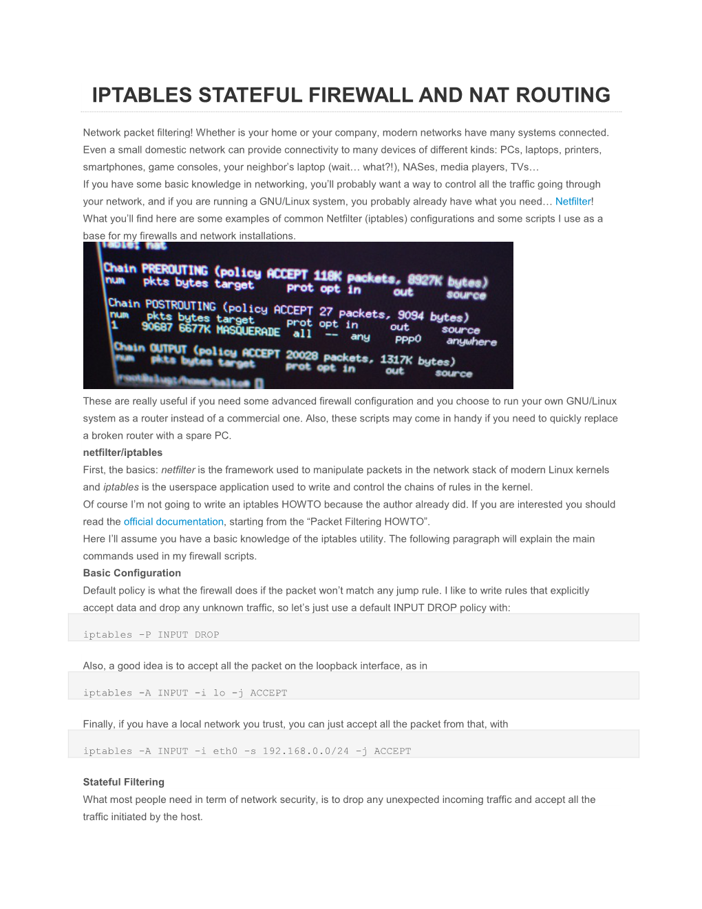 Iptables Stateful Firewall and Nat Routing