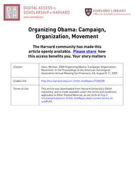 Organizing Obama: Campaign, Organization, Movement