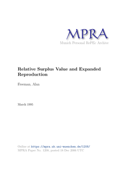 Relative Surplus Value and Expanded Reproduction