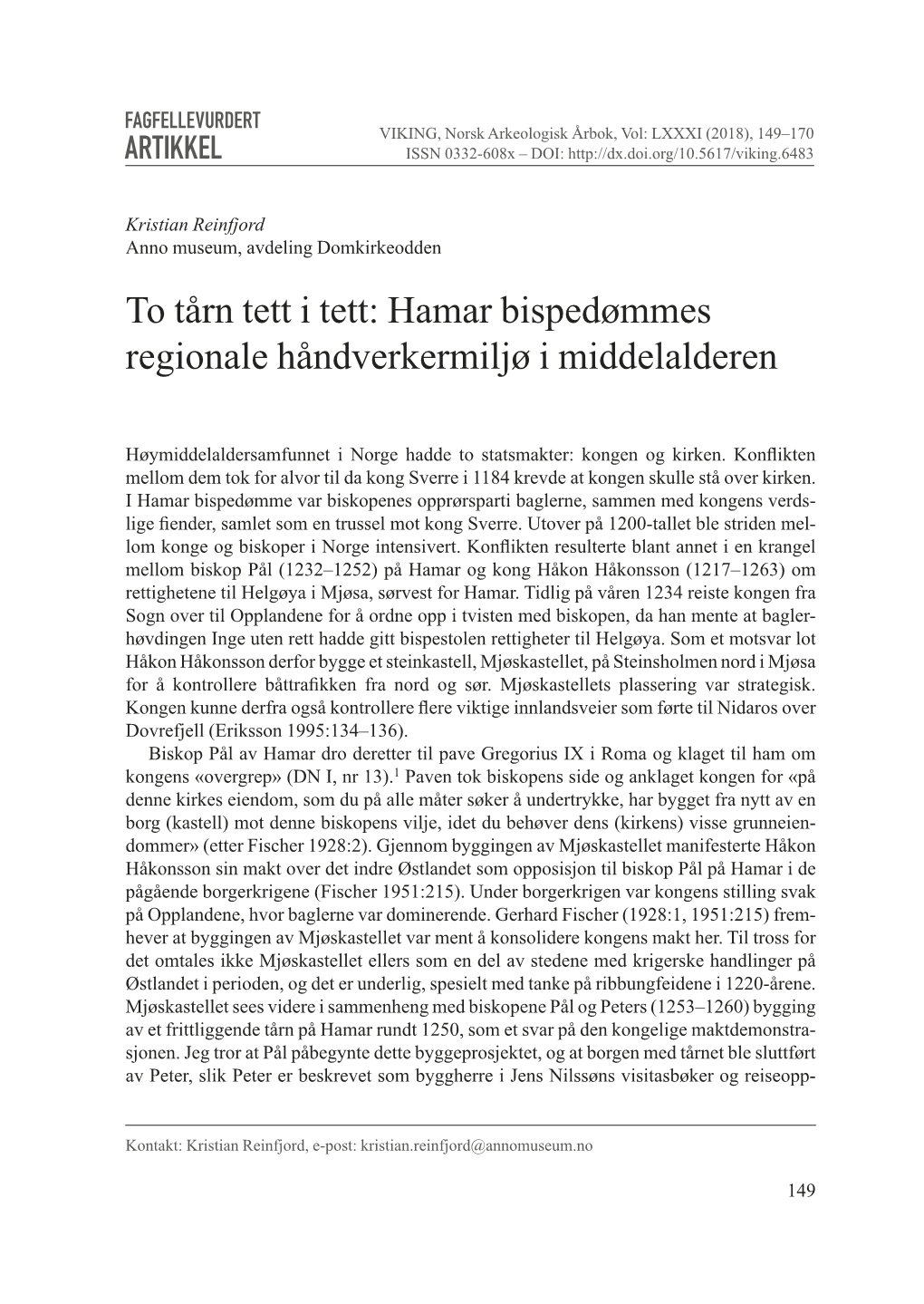Hamar Bispedømmes Regionale Håndverkermiljø I Middelalderen