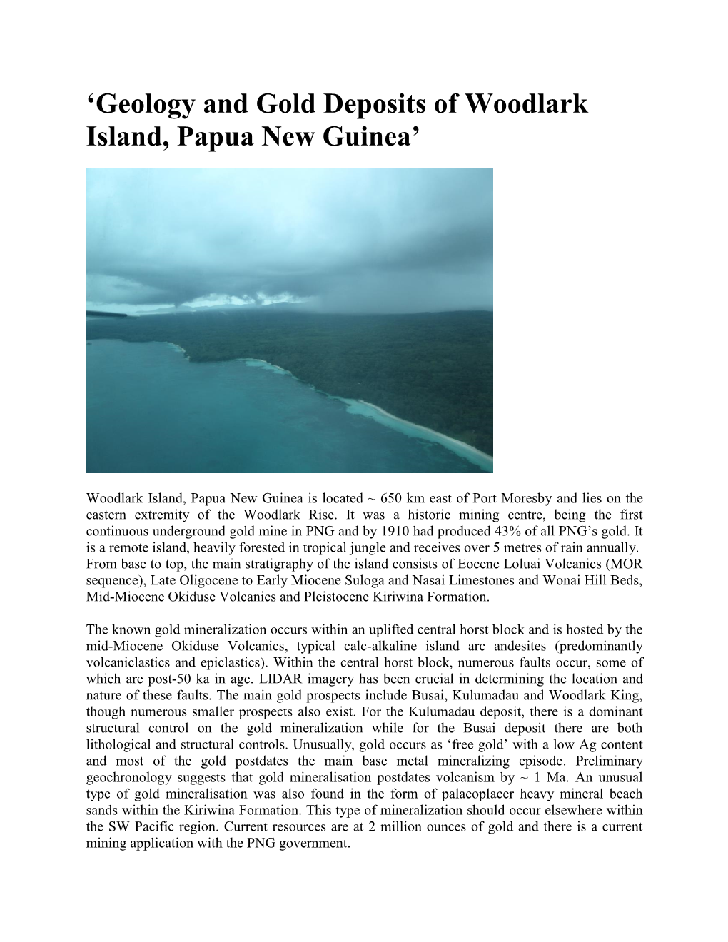 'Geology and Gold Deposits of Woodlark Island, Papua New Guinea'