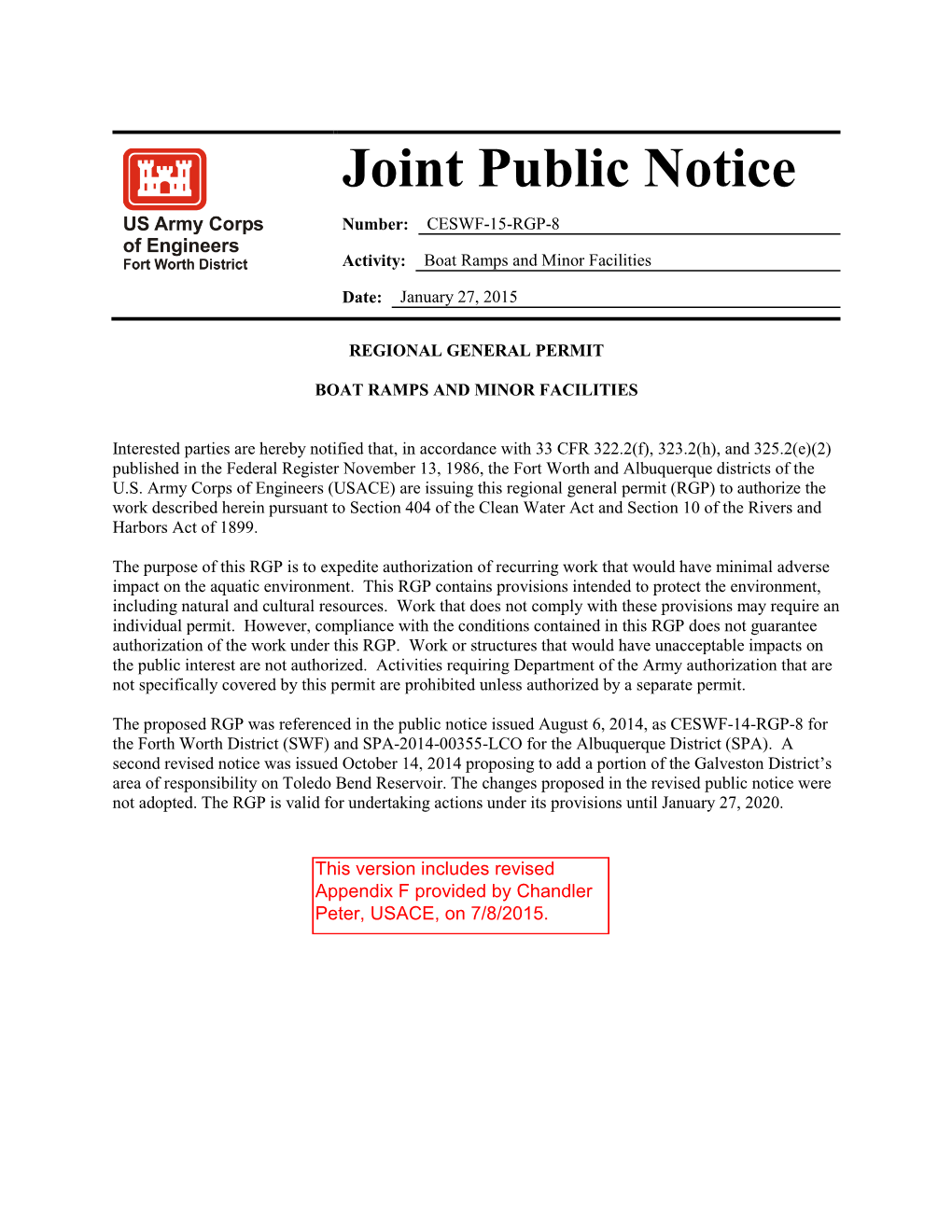 Joint Public Notice Number: CESWF-15-RGP-8