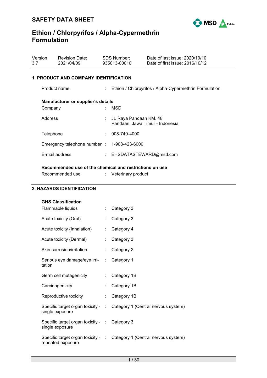 Ethion / Chlorpyrifos / Alpha-Cypermethrin Formulation