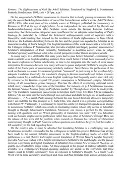 Romans: the Righteousness of God. by Adolf Schlatter. Translated by Siegfried S. Schatzmann. Peabody: Hendrickson, 1995, Xxiv + 287 Pp., N