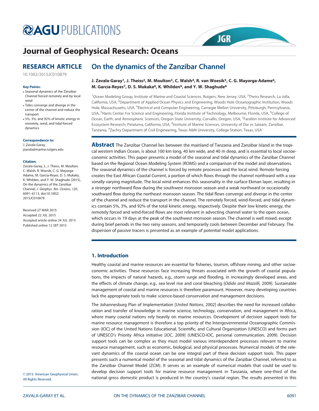 On the Dynamics of the Zanzibar Channel 10.1002/2015JC010879 J