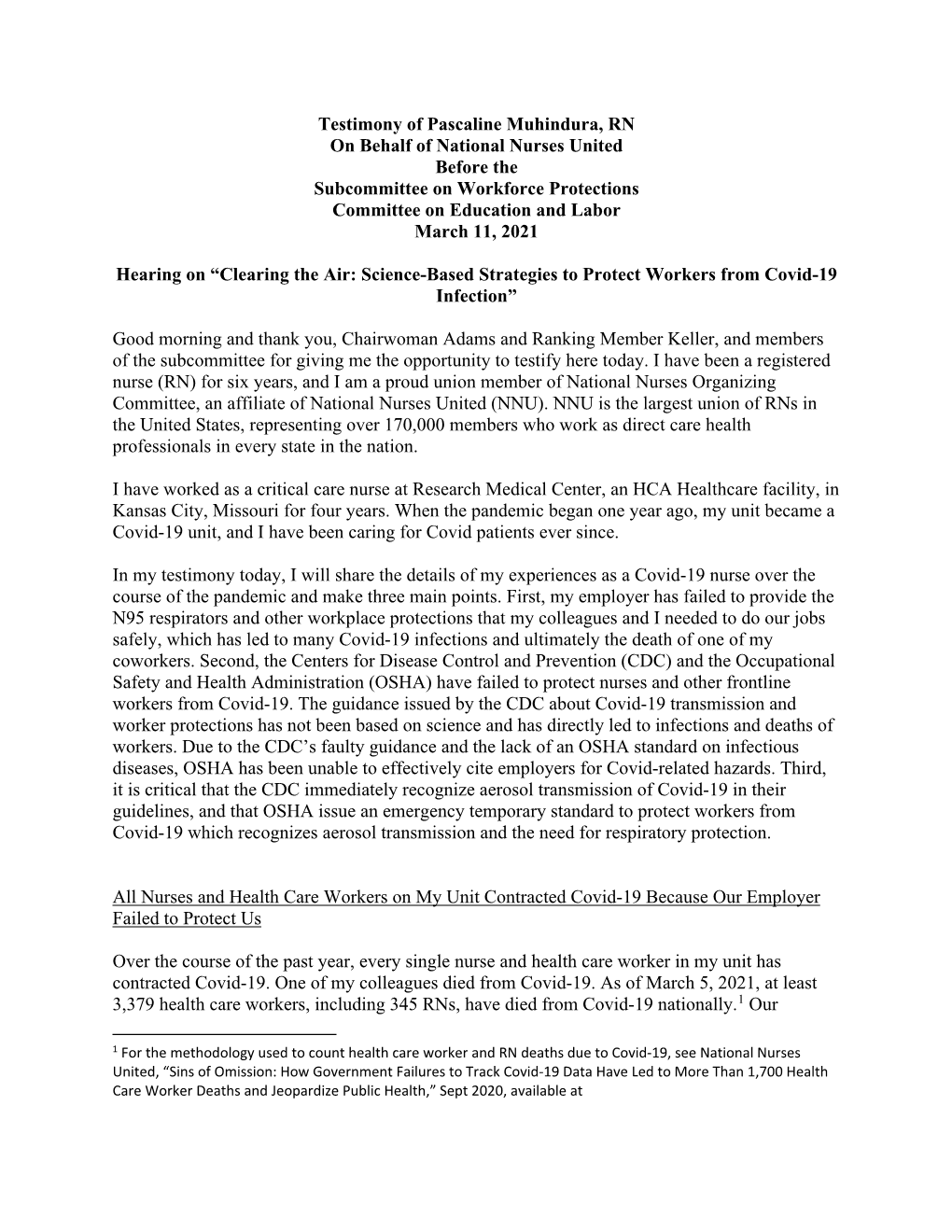 Testimony of Pascaline Muhindura, RN on Behalf of National Nurses United Before the Subcommittee on Workforce Protections Commit