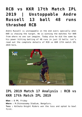 RCB Vs KKR 17Th Match IPL 2019 | Unstoppable Andre Russell 13 Ball 48 Runs Thrashed RCB