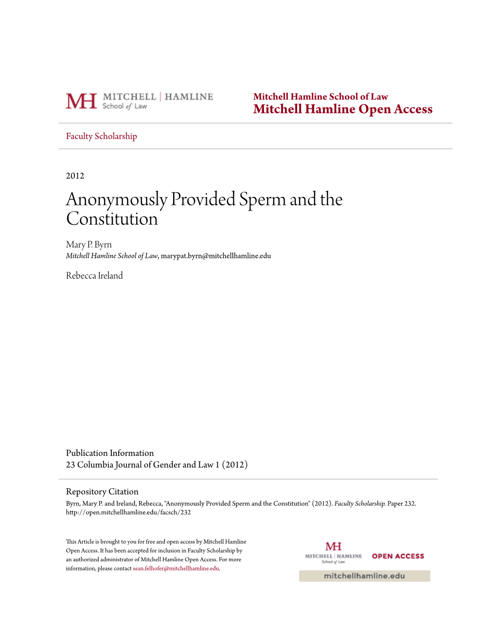 Anonymously Provided Sperm and the Constitution Mary P