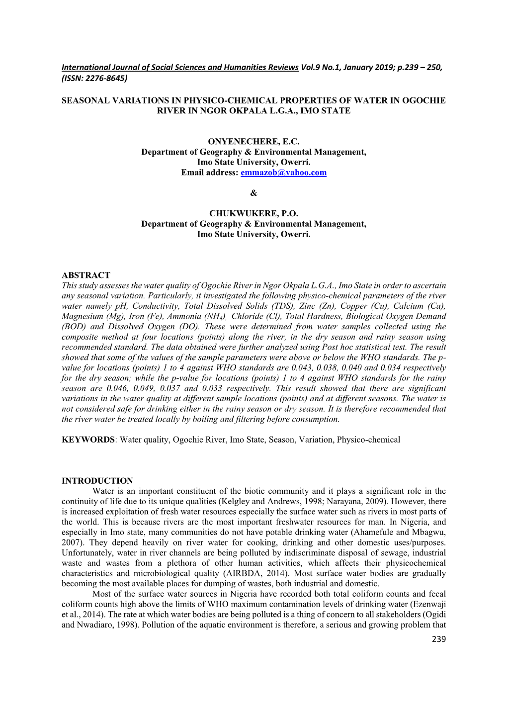 International Journal of Social Sciences and Humanities Reviews Vol.9 No.1, January 2019; P.239 – 250, (ISSN: 2276-8645)