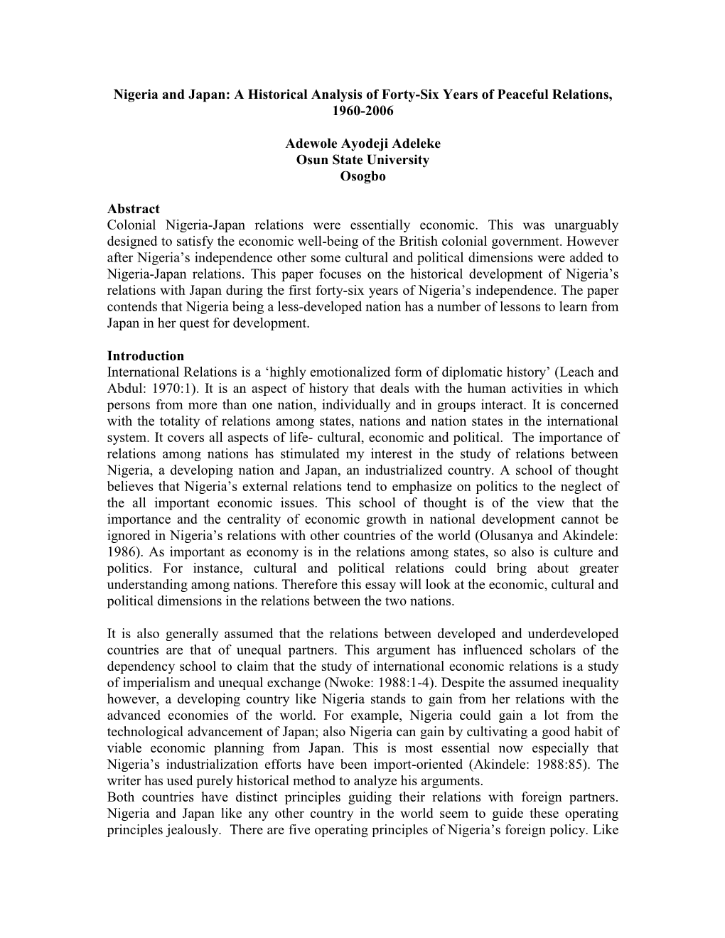 Nigeria and Japan: a Historical Analysis of Forty-Six Years of Peaceful Relations, 1960-2006