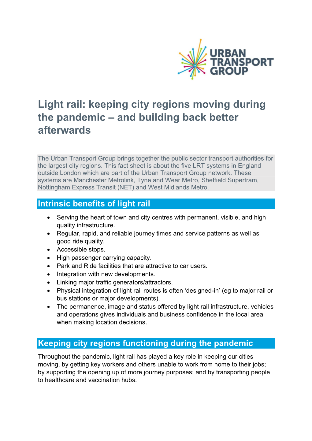 Light Rail: Keeping City Regions Moving During the Pandemic – and Building Back Better Afterwards