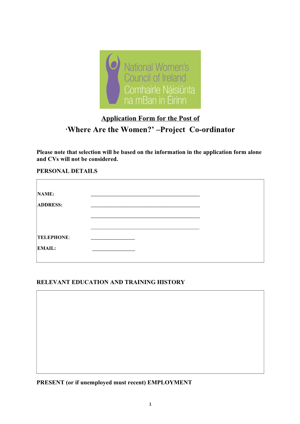 Application Form for the Post Of