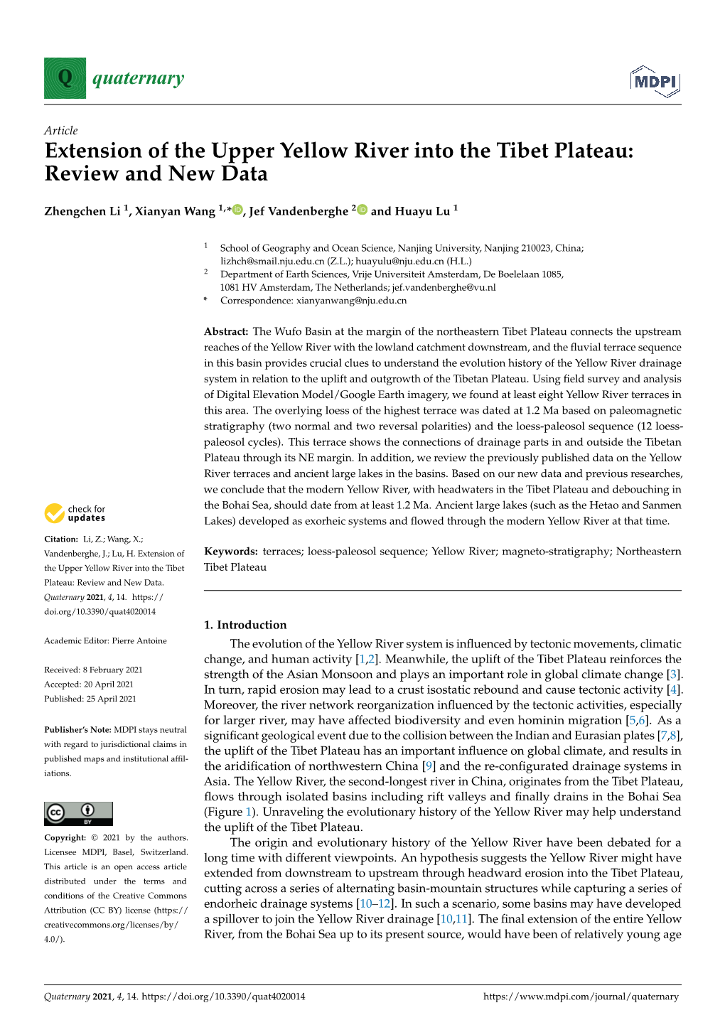 Extension of the Upper Yellow River Into the Tibet Plateau: Review and New Data