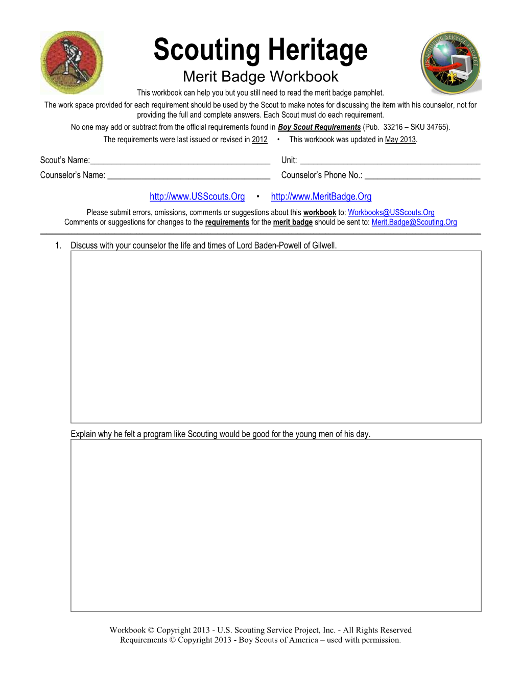 Scouting Heritage Merit Badge Workbook This Workbook Can Help You but You Still Need to Read the Merit Badge Pamphlet