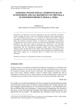 Assessing Institutional Competencies of Ecotourism; Special Reference to Thenmala Ecotourism Project Kerala, India