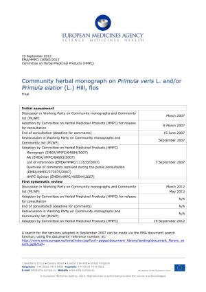 Community Herbal Monograph on Primula Veris L. And/Or Primula Elatior (L.) Hill, Flos Final