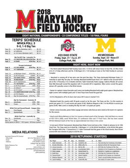 2018 MARYLAND FIELD HOCKEY EIGHT NATIONAL CHAMPIONSHIPS • 23 CONFERENCE TITLES • 18 FINAL FOURS TERPS’ SCHEDULE NFHCA POLL: 3 9-0, 1-0 Big Ten Aug
