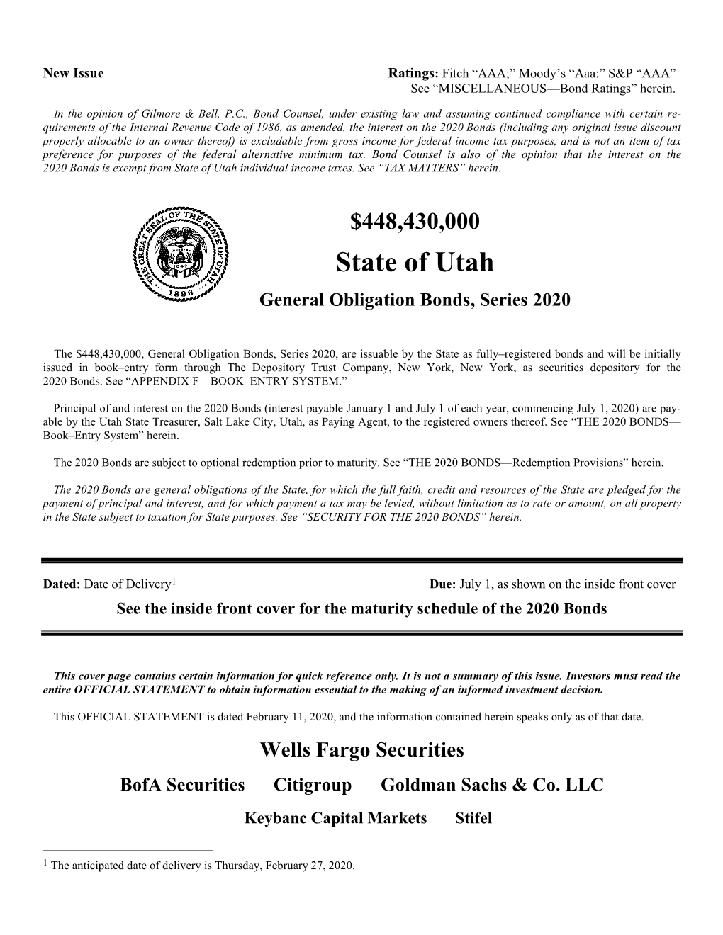 State of Utah General Obligation Bonds, Series 2020 (PDF)