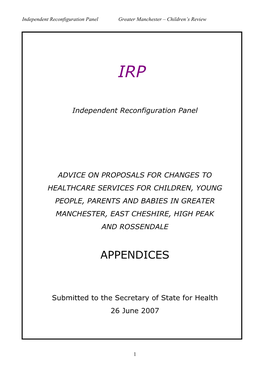 Advice on Proposals for Changes to Healthcare Services for Children, Young People, Parents and Babies in Greater Manchester, East Cheshire, High Peak and Rossendale