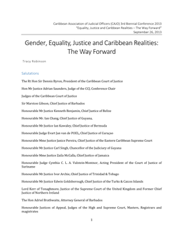 Gender, Equality, Justice and Caribbean Realities: the Way Forward