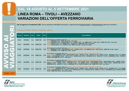 Dal 18 Agosto Al 5 Settembre 2021 Linea Roma – Tivoli – Avezzano Variazioni Dell’Offerta Ferroviaria