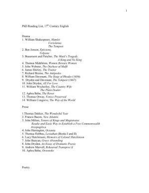 1 Phd Reading List, 17Th Century English Drama 1. William
