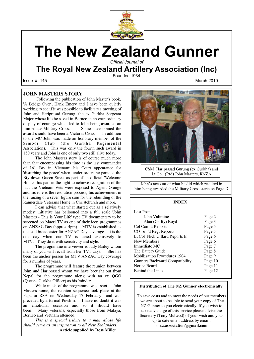 The New Zealand Gunner Official Journal of the Royal New Zealand Artillery Association (Inc) Founded 1934 Issue # 145 March 2010