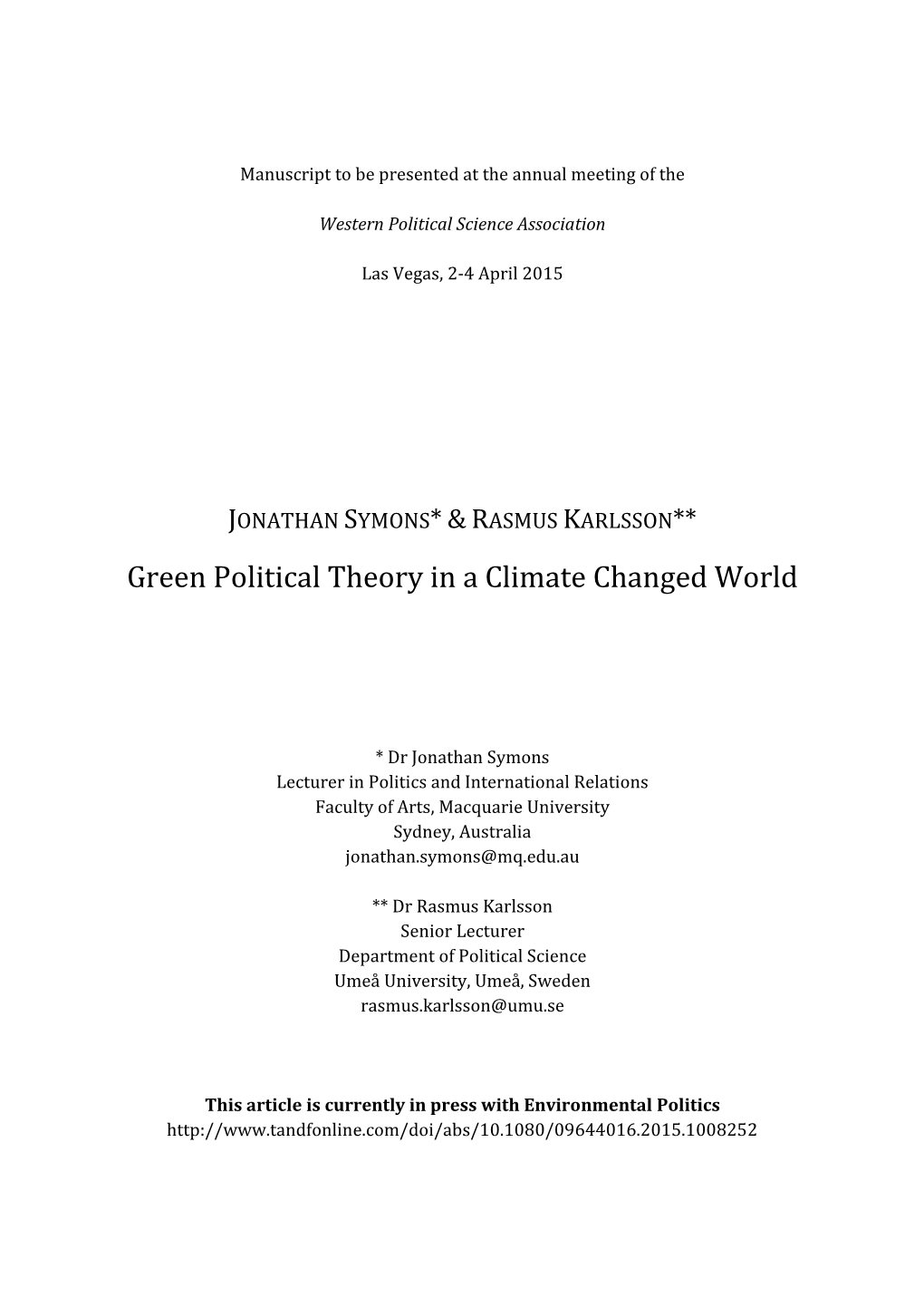 Green Political Theory in a Climate Changed World