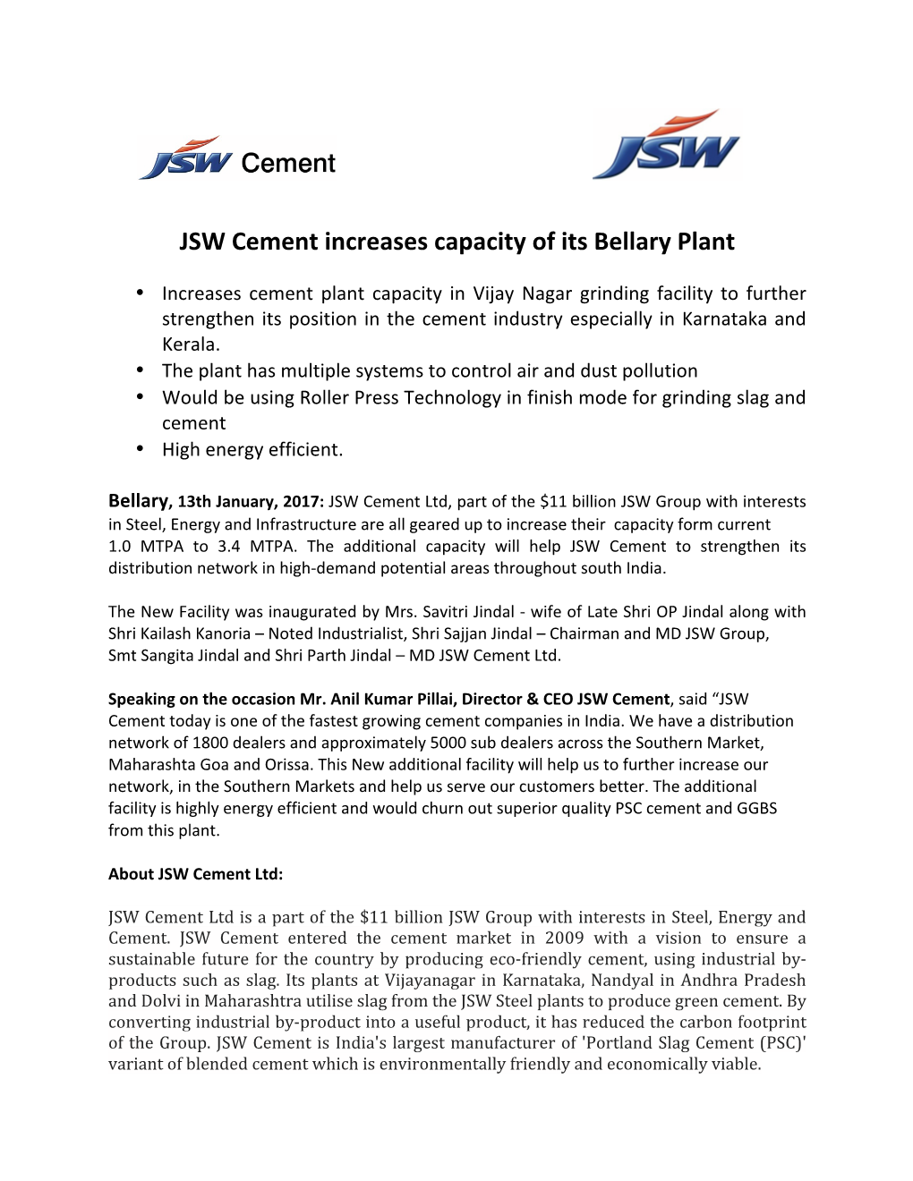 JSW Cement Increases Capacity of Its Bellary Plant