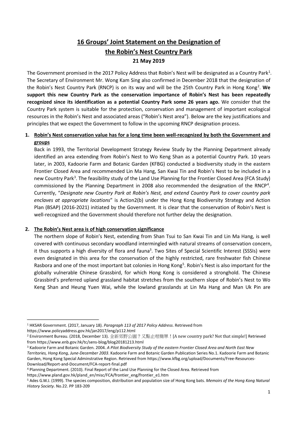 16 Groups' Joint Statement on the Designation of the Robin's Nest