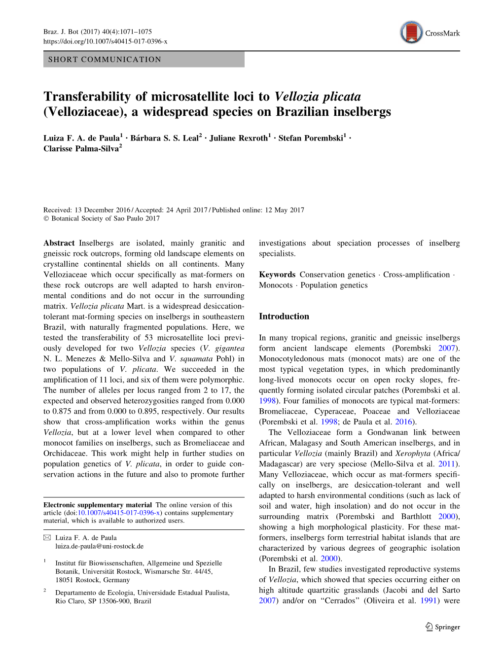 Transferability of Microsatellite Loci to Vellozia Plicata (Velloziaceae), a Widespread Species on Brazilian Inselbergs