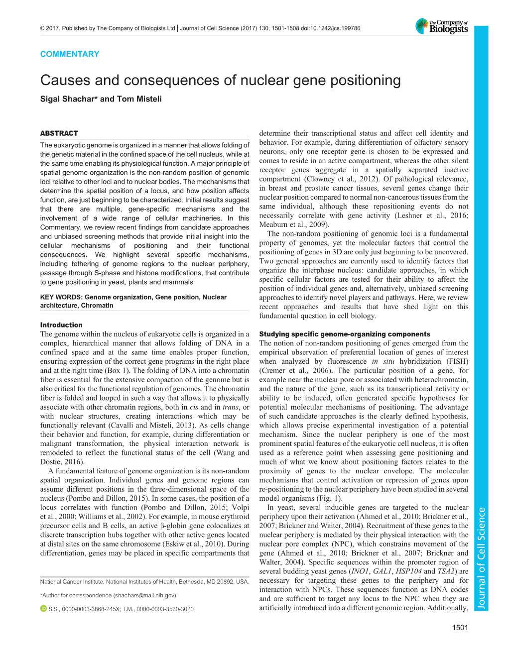 Causes and Consequences of Nuclear Gene Positioning Sigal Shachar* and Tom Misteli