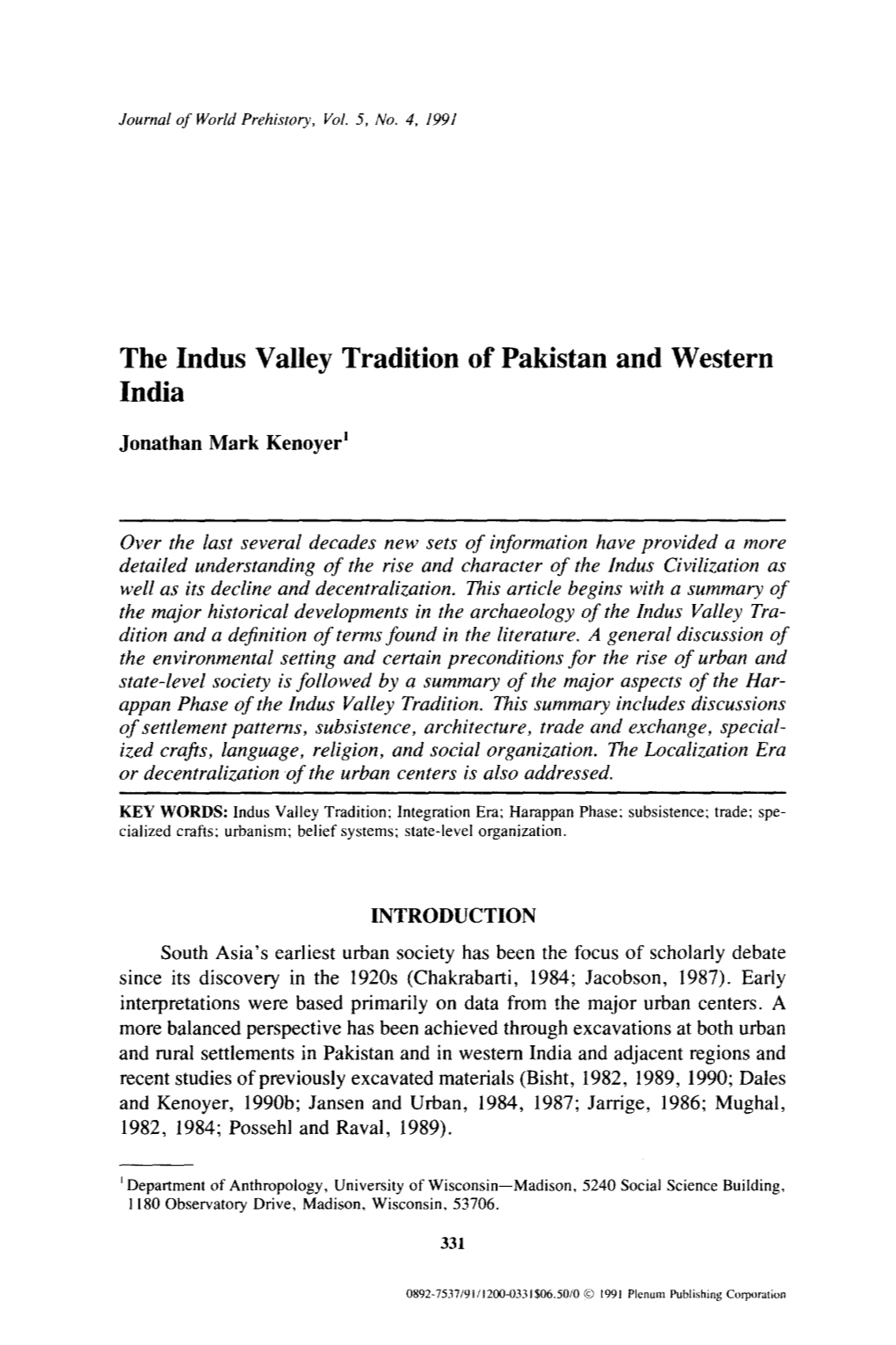 The Indus Valley Tradition of Pakistan and Western India