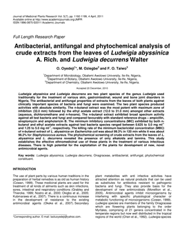 Antibacterial, Antifungal and Phytochemical Analysis of Crude Extracts from the Leaves of Ludwigia Abyssinica A