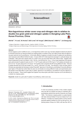 Non-Leguminous Winter Cover Crop and Nitrogen Rate in Relation to Double Rice Grain Yield and Nitrogen Uptake in Dongting Lake Plain, Hunan Province, China