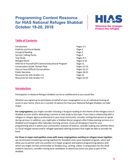 Programming Content Resource for HIAS National Refugee Shabbat October 19-20, 2018