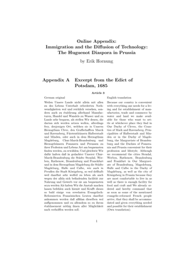 Online Appendix: Immigration and the Diffusion of Technology: the Huguenot Diaspora in Prussia by Erik Hornung Appendix a Excerp