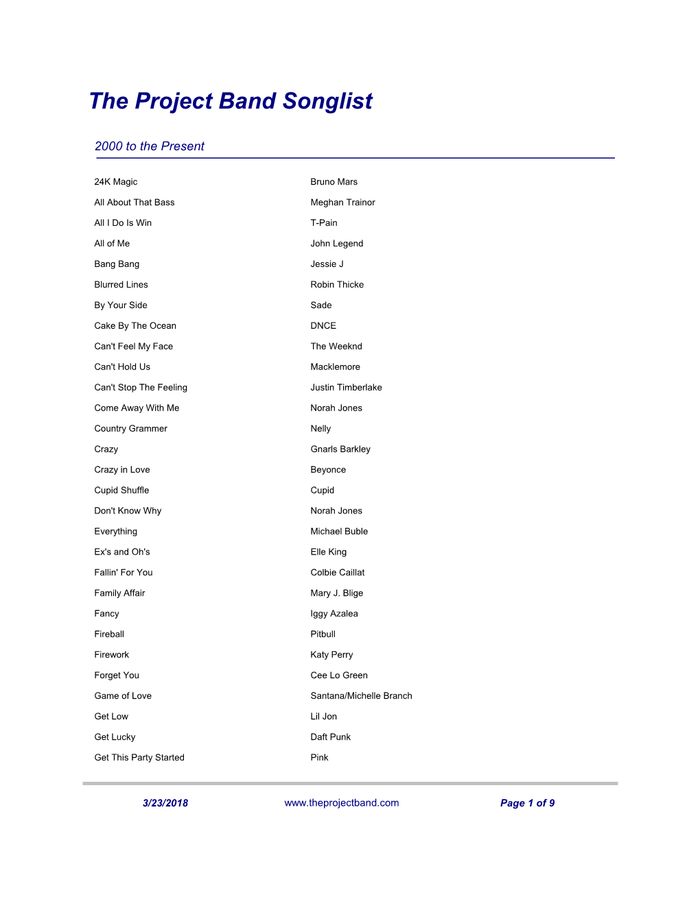 The Project Band Songlist