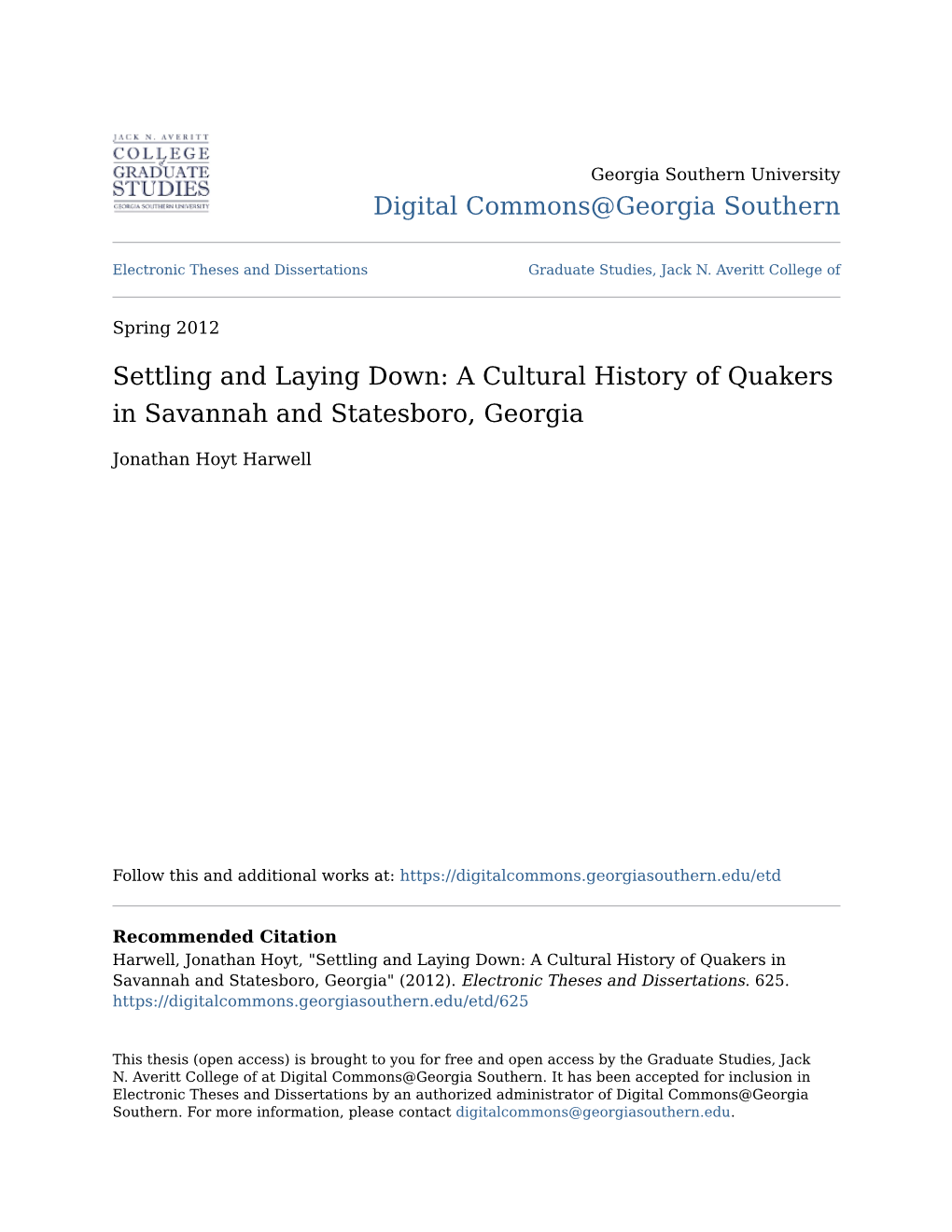 A Cultural History of Quakers in Savannah and Statesboro, Georgia