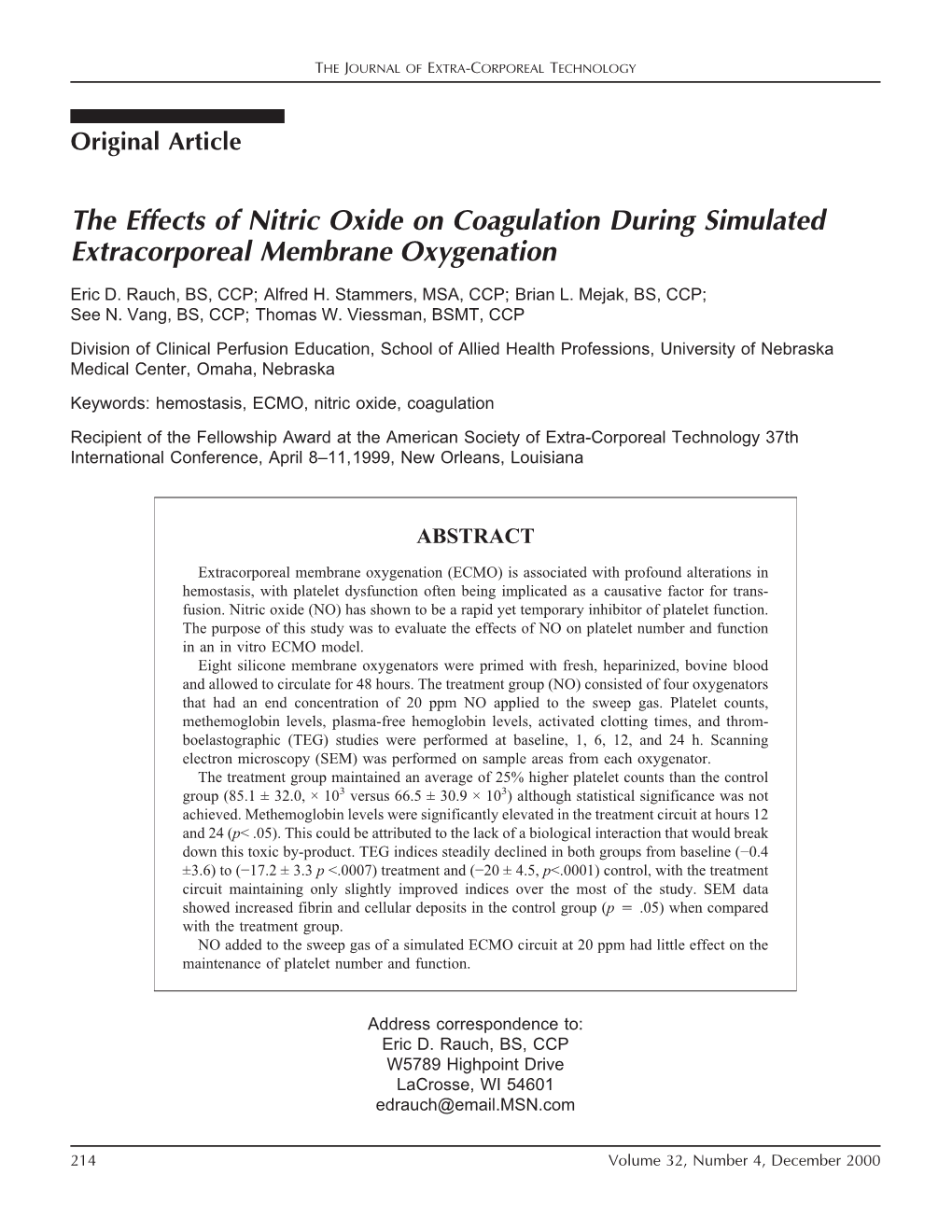 The Effects of Nitric Oxide on Coagulation During Simulated Extracorporeal Membrane Oxygenation