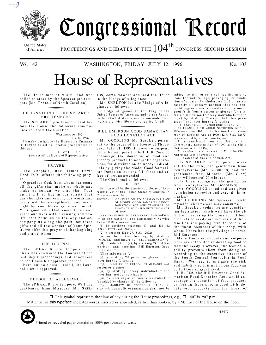 Congressional Record United States Th of America PROCEEDINGS and DEBATES of the 104 CONGRESS, SECOND SESSION