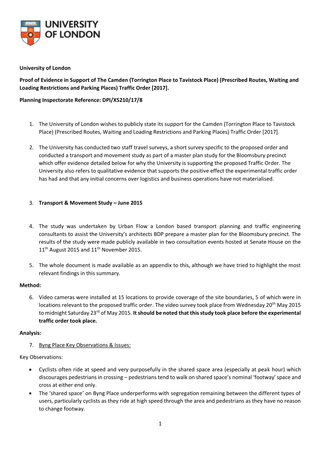 1 University of London Proof of Evidence in Support of the Camden