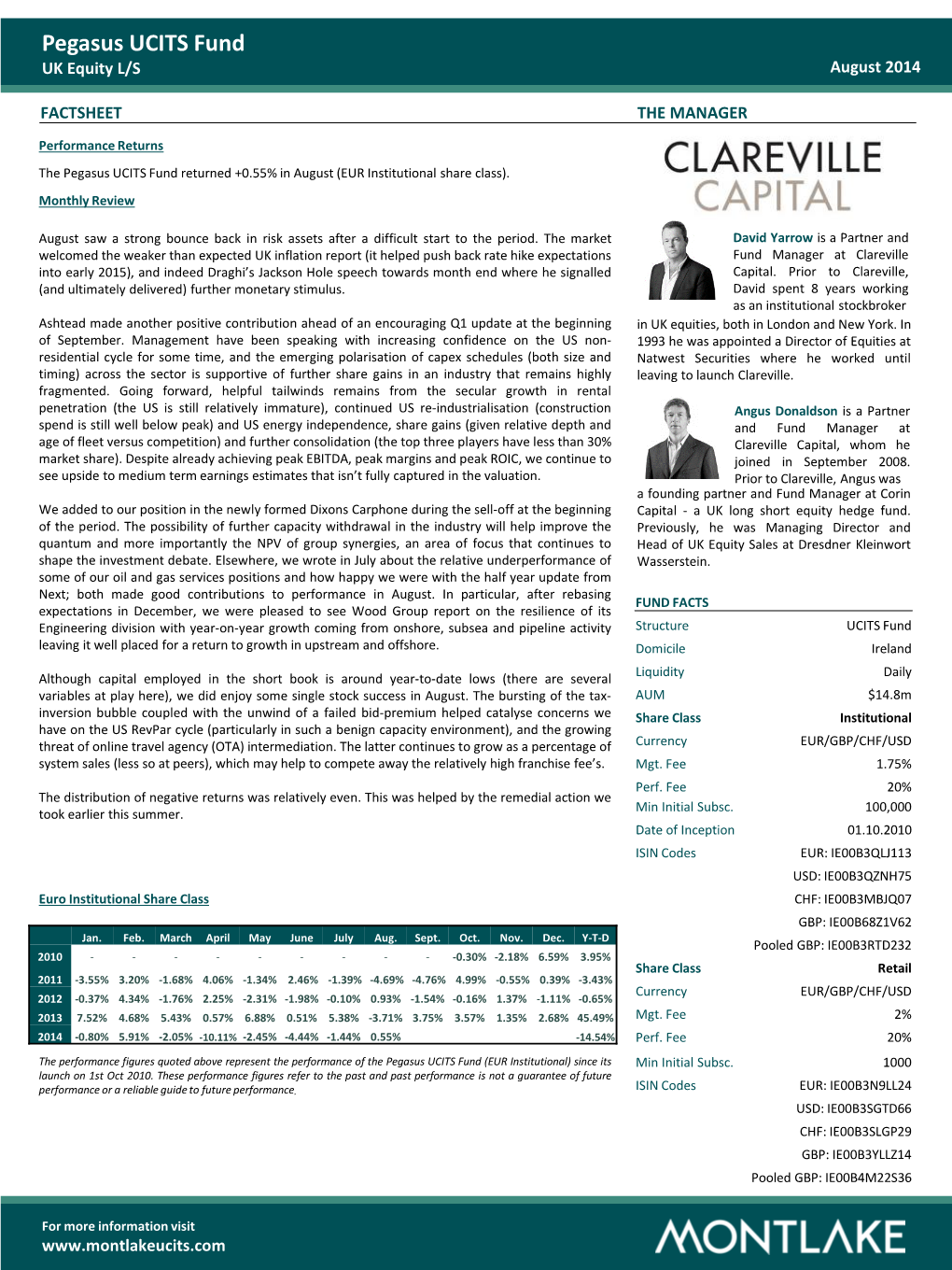 Pegasus UCITS Fund UK Equity L/S August 2014