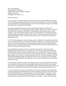 Ms. Carolyn Mitchell Olmsted Medal Nominations American Society of Landscape Architects 636 Eye Street, NW Washington, DC 20001-3736