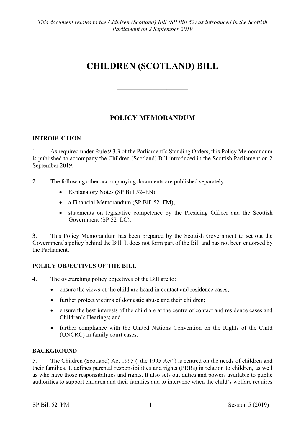 Children (Scotland) Bill (SP Bill 52) As Introduced in the Scottish Parliament on 2 September 2019