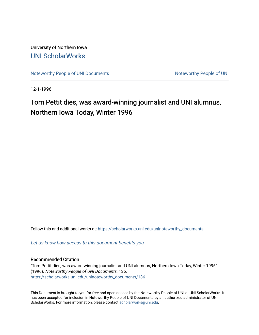 Tom Pettit Dies, Was Award-Winning Journalist and UNI Alumnus, Northern Iowa Today, Winter 1996