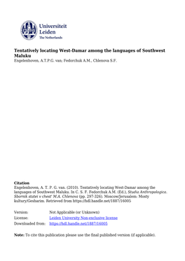Tentatively Locating West-Damar Among the Languages of Southwest Maluku Engelenhoven, A.T.P.G