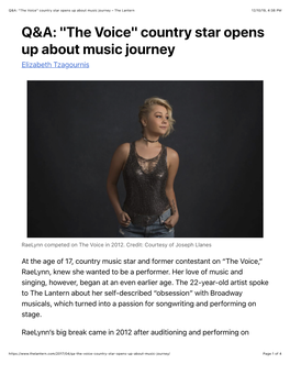 “The Voice” Country Star Opens up About Music Journey – the Lantern 12/10/19, 4:38 PM Q&A: "The Voice" Country Star Opens up About Music Journey Elizabeth Tzagournis